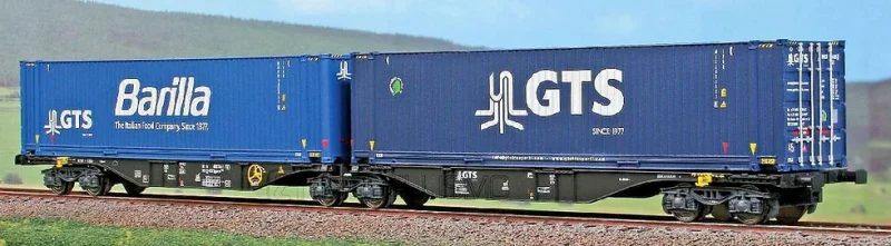 ACME 40299 - Carro intermodale bimodulo tipo Sggrmss da 90' "GTS Rail" con casse mobili ''Barilla'' e ''GTS''