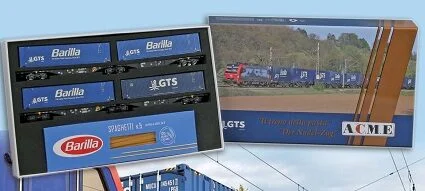 ACME 45111 - "Il treno della pasta" - Set carri intermodali bimodulo tipo Sggrmss da 90′ “GTS Rail” con casse mobili ”Barilla” e ”GTS” - H0