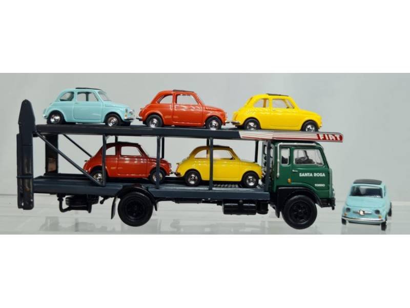 Brekina 58482 - Fiat 642 Bisarca "Santa Rosa" colore verde + 6 Fiat 500 - H0