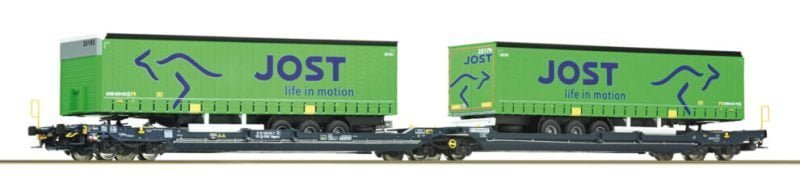 Roco 77402 - Carro tipo Sdggmrs738 T3000e CEMAT caricato con due semirimorchi JOST - H0
