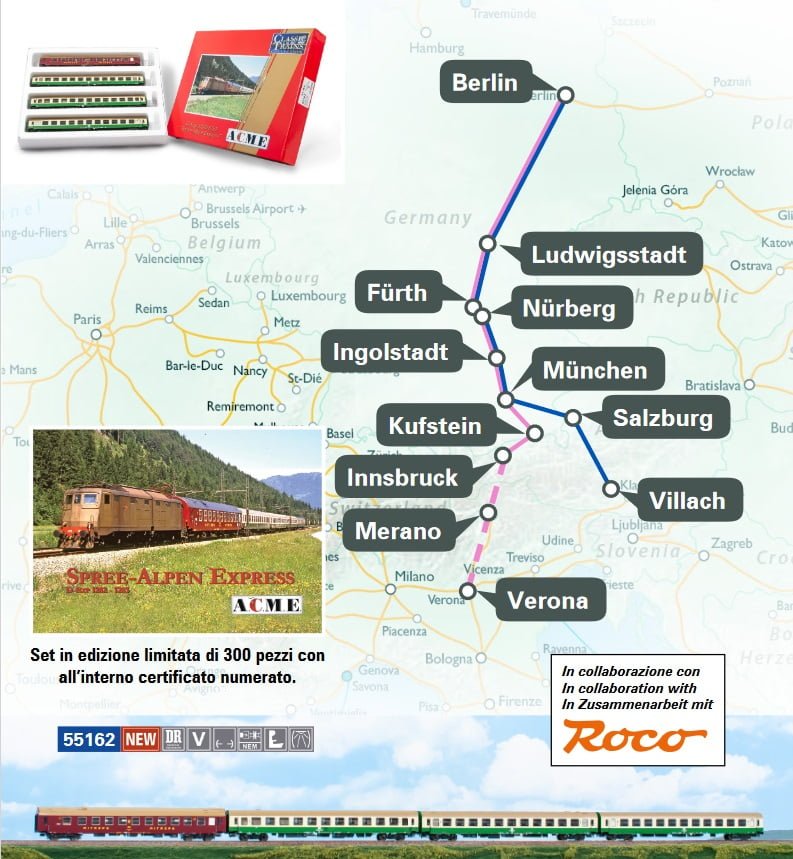 ACME 55162 - Set 4 carrozze D-Exp 1282/1283 "SPREE-ALPEN EXPRESS" DR e MITROPA - H0