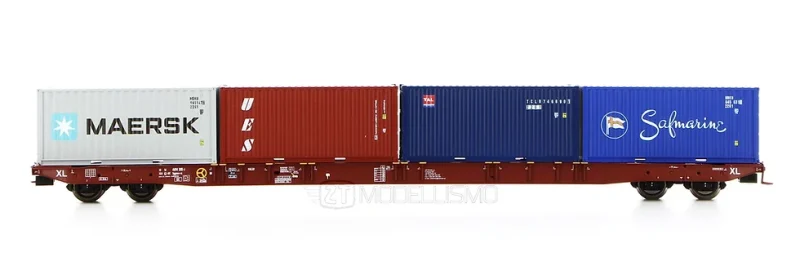 Pi.R.A.T.A. 96010068 - Carro tipo Sggnss80' METRANS con quattro container da 20' "SAFMARINE", "TAL", "MAERSK" e "UES" - H0