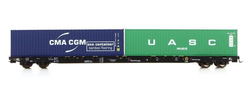 IGRA 96010057 - Carro tipo Sggnss80' RheinCargoXL con due container da 40' "UASC" e "CMA CGM" - H0