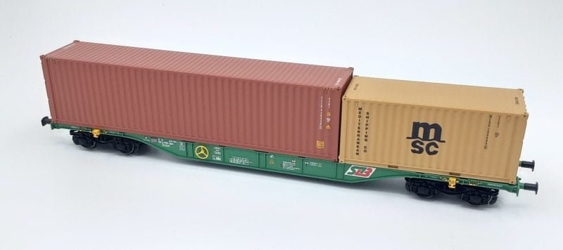 ACME 40416 - Carro tipo Sgnss 60' STLB con un container da 40' High Cube "TAL International" e un container da 20' "MSC" - H0