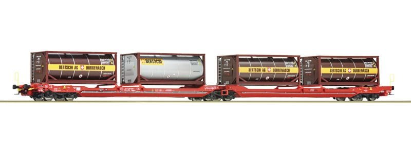 Roco 77389b - Carro a doppia tasca articolata, ÖBB / RCW, con contenitori-cisterna del spedizioniere Bertschi - H0