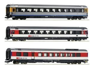 Roco 74021 - Set tre carrozze tipo EC di 1°cl tipo Apm, 2°cl tipo Bpm e tipo WRm SBB per EuroCity 7 - H0