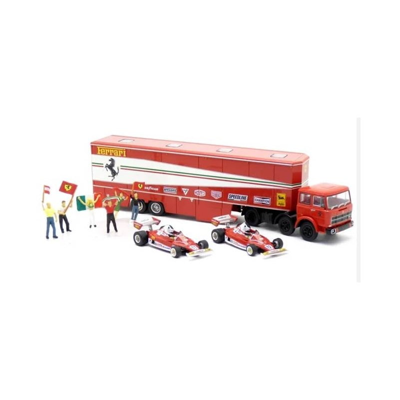 Brekina 58575 - Fiat 691-T con Semirimorchio Ferrari 1977 + 2 Ferrari 312T2 "11 Niki Lauda" e "12 Carlos Reutemann" + 6 personaggi, Epoca IV - H0