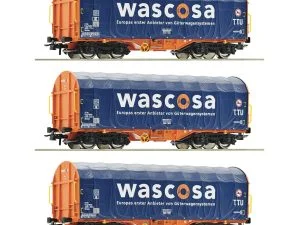 ROCO 76009B - Set di tre carri tipo Shimmns WASCOSA a telone scorrevole per trasporto Coils - Epoca VI - H0