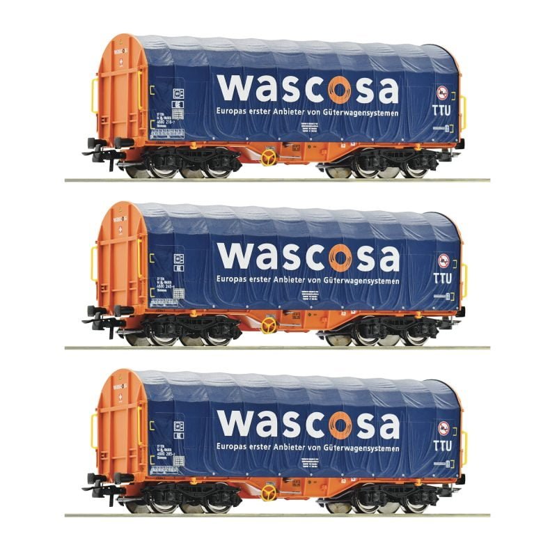 ROCO 76009B - Set di tre carri tipo Shimmns WASCOSA a telone scorrevole per trasporto Coils - Epoca VI - H0