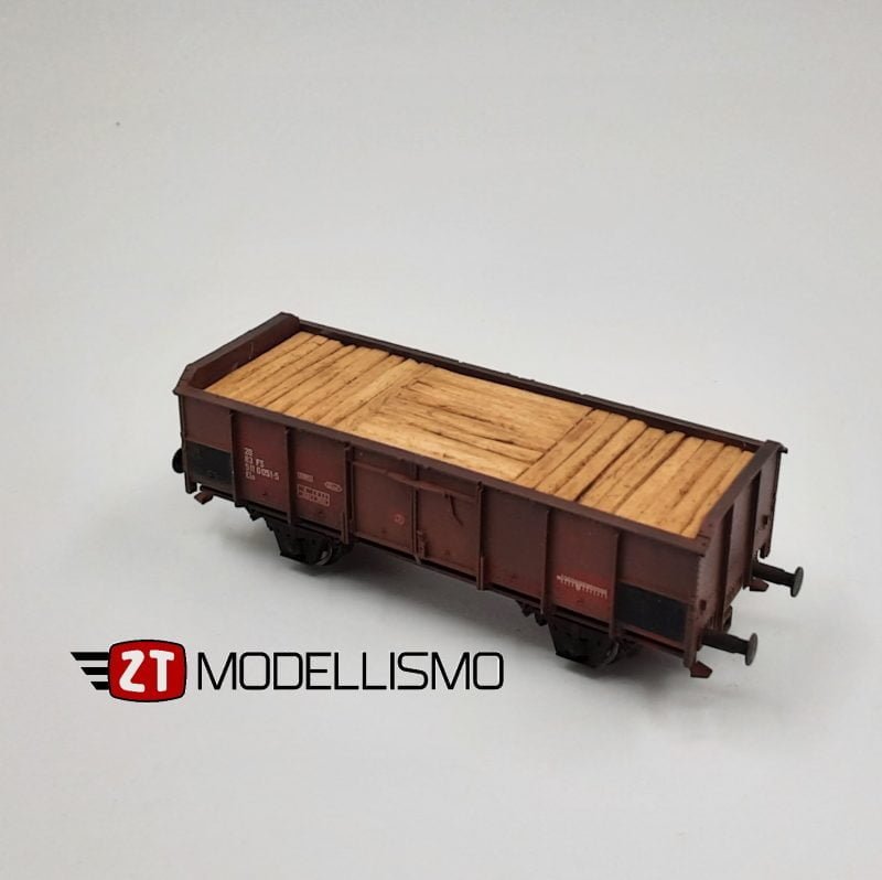 2T-CIL - Set di 3 carri aperti elaborati tipo E DR e tipo Elo FS con carico di traversine grezze per Cantiere Iniezione Legnami - Epoca IV - H0