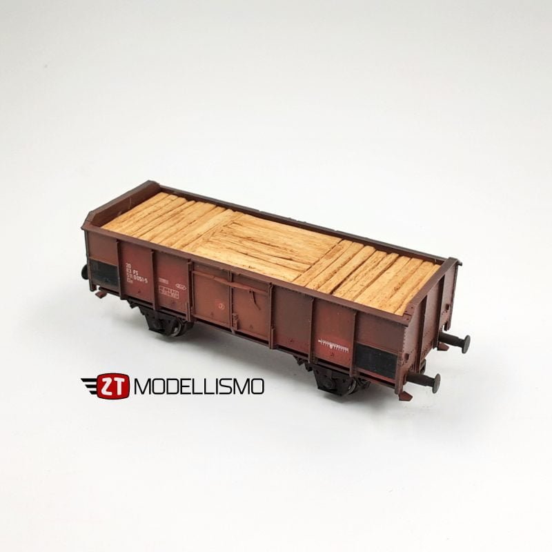 2T-CIL - Set di 3 carri aperti elaborati tipo E DR e tipo Elo FS con carico di traversine grezze per Cantiere Iniezione Legnami - Epoca IV - H0