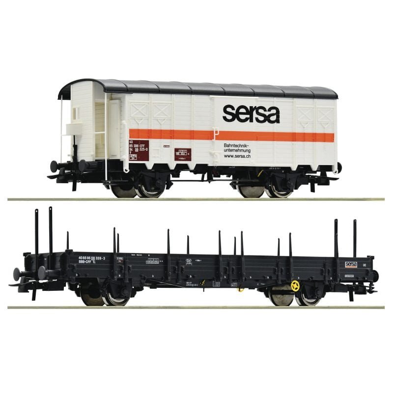 ROCO 77043 - Set treno lavori SERSA AG, composto da un carro merci chiuso tipo K3 e un carro con stanti tipo Ks - Epoca VI - H0